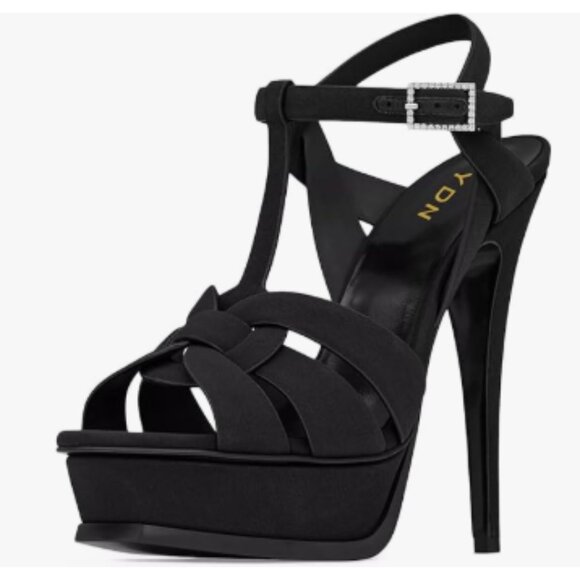 YDN Black Strappy High Heel Platform Peep Toe T-strap Ankle Strap Buckled Sandal - Picture 1 of 8